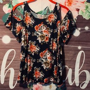 Drapery Cold Shoulder Short Sleeve - Navy w/Floral